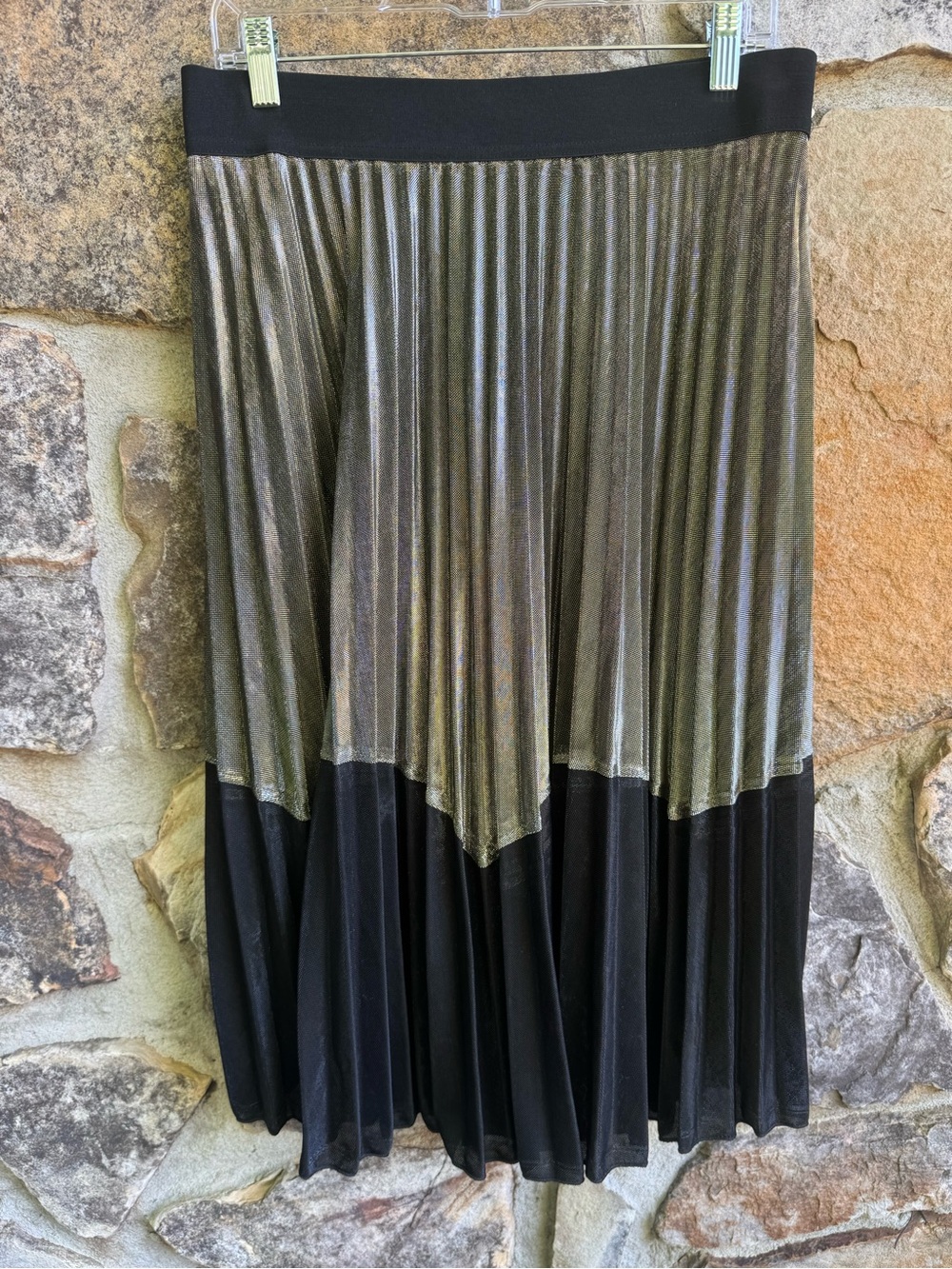 Studio West Metallic Olive-Gold and Black Pleated Midi Skirt Large Festival